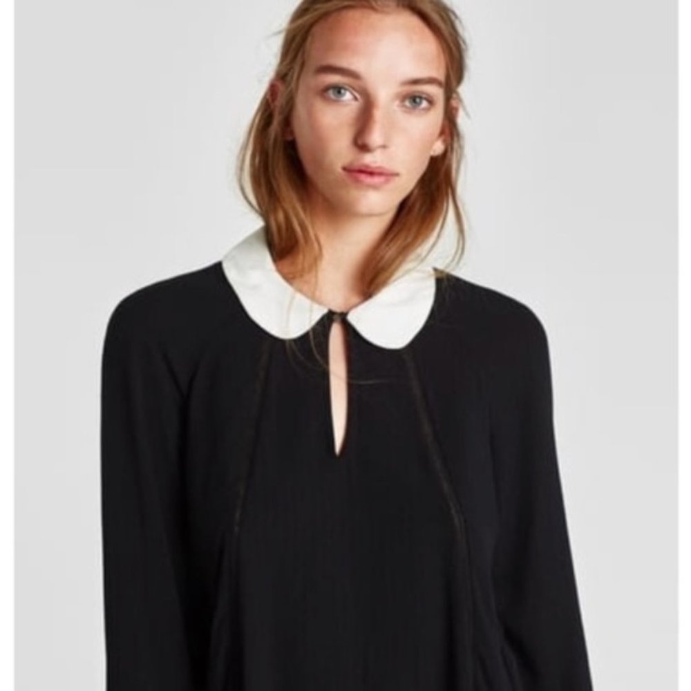 NWT Zara TRF Peter Pan Collar Long Sleeve Shirt Black and White Size S